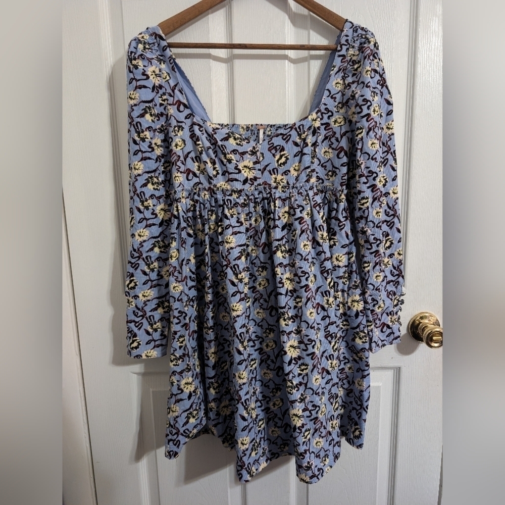 Free People Womens Dress Corduroy Blue Floral Flowers Boho Size Small Mini